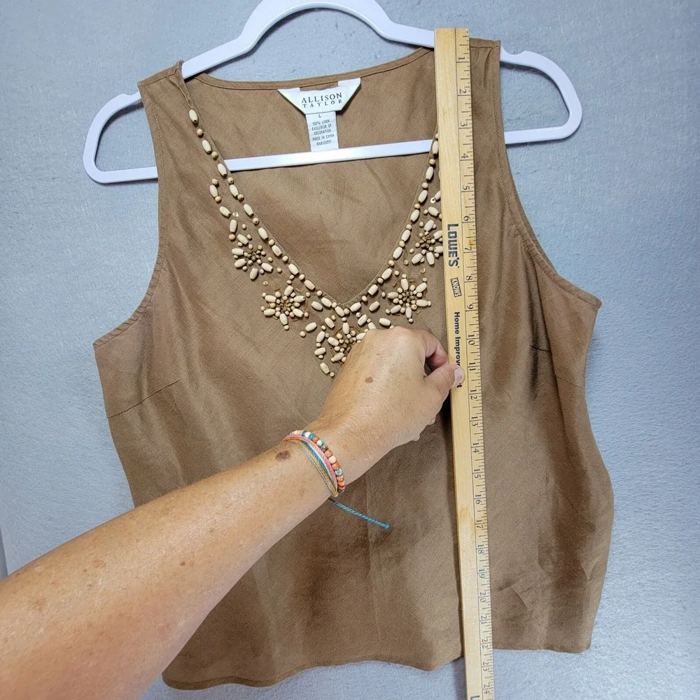 Allison Taylor Linen Tank‎ Top Womens L Beaded Sequin Tank Top Neutral Natural - Picture 9 of 12